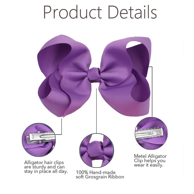 Blue Bows for Girls,6PCS Hand-made Grosgrain Ribbon Hair Bows Alligator