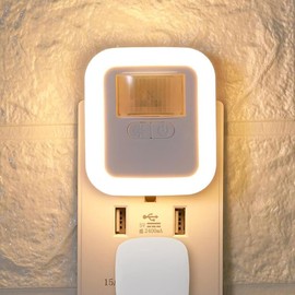 Motion Sensor Light, Indoor Foot Light, Night Light, Brightness Adjustment (10 Levels), 4 Lighting Times, Folding Plug, Indoor Outlet, Foot Light, Energy Saving, Corridor, Bedroom, Entryway (Orange)