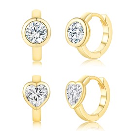 Hoop Earrings Set for Women 18K Yellow Gold Plated Modern Classic Round and Heart Cubic Zirconia Huggie Earrings Pack of 2 Pairs