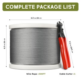 KALLSDY 500FT 1/8" T316 Stainless Steel Cable, Wire Rope Aircraft Cable for Deck Cable Railing Kit and DIY Balustrades, 7 x 7 Strands Construction, Comes with a Cutter