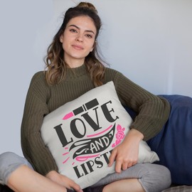Love & Lipstick w/Artsy Design - Beauty Themed Merch for Makeup Artist or Cosmetologist, Gift for Makeup Lovers, Pillow Cover, White 20X20 in