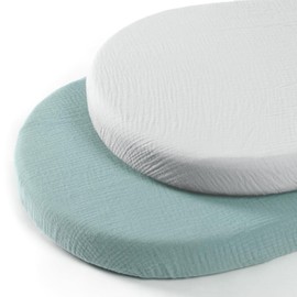 lulumoon Muslin Bassinet Fitted Sheet Set: Pram Mattress Cover for Cot and Cradle, 100% Cotton, 90 x 40 cm, Pack of 2 (Grey Green)