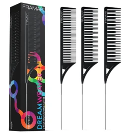 FRAMAR Dreamweaver Highlighting Hair Comb – Premium Rat Tail Comb for Hair Stylist, Hair Combs for Women, Salon Teasing Comb, Metal Comb Set, Peigne Cheveux, For Hair Color, Hair Tools – Black 3 Pack
