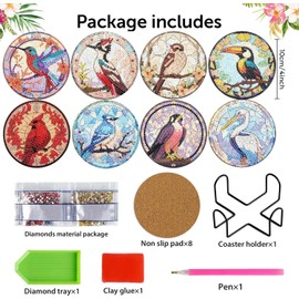 Diamond Art Coasters-8 PCS Birds Diamond Painting Coasters Kits with Holder, DIY Coaster Kit for Adults Art Craft Supplies Gift