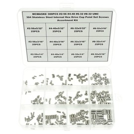 MCMASKE 300PCS #2-56#4-40#6-32#8-32 UNC 304 Stainless Steel Internal Hex Drive Cup Point Set Screws Assortment Kit