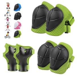 6PCS Kids Protective Gear Set, Knee Pads for Kids 3-10 Years Old, Toddler Elbow Pads, Wrist Guards, Skating Cycling Bike Rollerblading Scooter, Upgraded & Durable Material, Boys, Girls,Youth, Black - Color: Green