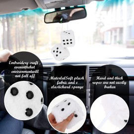 Fuzzy Plush Dice for Car Mirror 2.36” Pair of Retro Square Decoration Dice with White Dots Car Interior Hanging Ornament Decoration(White)