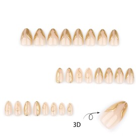 BQZQPAMZ 24Pcs Gold Press on Nails Short Almond 3D Gold Irregular Short False Nails Glitter Stick on Nails Full Coverage Acrylic Nails for Women Summer Manicure Decoration