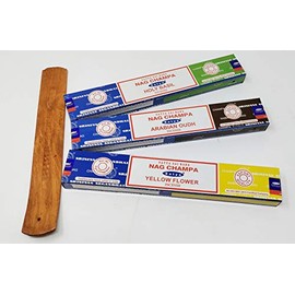 Satya Nag Champa Combo Incense Sticks Mix Deal - Yellow Flower Arabic Oudh Holy Basil with JR Incense Holder SNC16