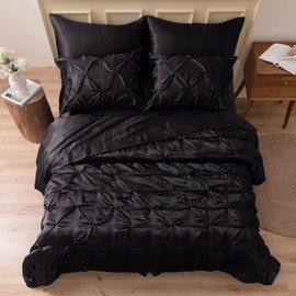 MR&HM Satin Comforter King 8 Pieces - Luxurious Pinch Pleat Bedding Set with Comforter, Sheets, Bed Skirt, Pillowcases & Shams, Super Silky Soft Bed Set for All Season (King, Black)