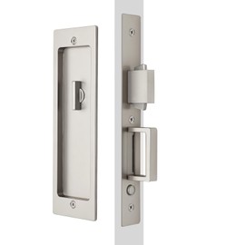 Rectangular Privacy Pocket Door Mortise Lock and Edge Pull, Narrow Modern Sliding Door Pop-Up Handle, (Bed/Bath) Pull Latch, Recessed Hardware for 1 3/8” to 2 3/16” Thickness Door (Brushed Nickel)