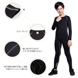 Nesseo Kids Compression Wear, Sports Inner Shirt, Tights, Top and Bottom Set, Shirt Only, Pants Only, Heat Retention, Fleece Lined, Sweat Absorbent, Quick Drying, Compression Protection, 3273 Black / Gray [Coat only],