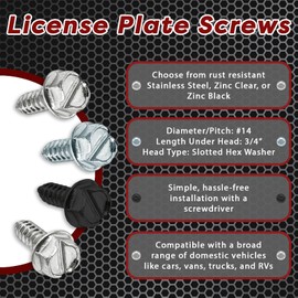 4 Pack License Plate Screws for Front and Back License Plates and License Plate Frames and Covers on Cars, Trucks, SUVs-Rust Resistant, #14x3/4 Slotted Hex Washer Self Tapping Screws Stainless Steel
