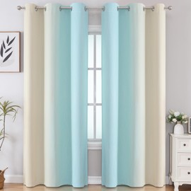 Estelar Textiler Aqua and Beige Room Darkening Blackout Curtains 84 Inch Length 2 Panels Set for Living Room, Thermal Insulated Ombre Light Blocking Grommet Blackout Drapes for Bedroom, 42Wx84L
