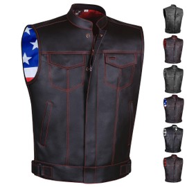 SOA Motorcycle Vest for Men, Premium Buffalo Leather, Back Armor, Inside Pockets, Biker Riding Club Vests US Flag M