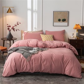 Janlive Washed Cotton Duvet Cover Twin Ultra Soft 100% Cotton Solid Color Rose Duvet Cover Set with Zipper Closure -2 Pieces Pink Bean Paste Twin