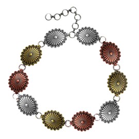 WesternTricolor Concho Chain Belt: Vintage Look in Burnished Silver, Copper, and Chocolate Finish – 42 Inches