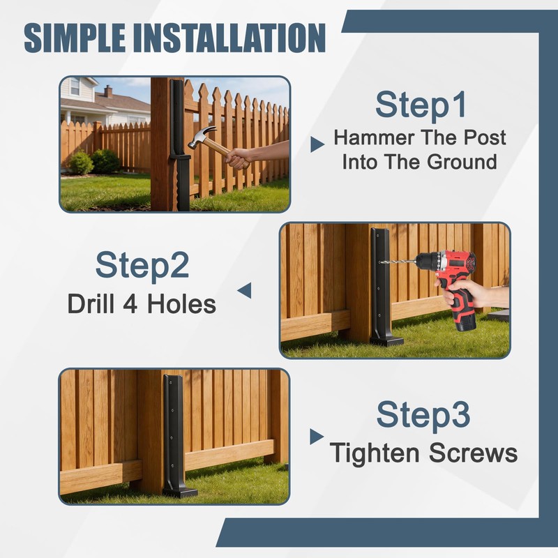 4 Pcs Fence Post Repair Kit, Quick Fix Broken/Wobbly/Tilted Wooden