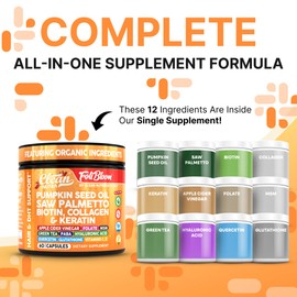 Clean Nutra Pumpkin Seed Oil Capsules + Saw Palmetto Biotin Collagen Keratin MSM Folate Hyaluronic Acid Supplements B12 Zinc Hair Supplement for Women Men Iodine 5-MTHF B-12 Vitamin B9-60 Pills