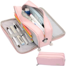 Vocuer Large Capacity Special Aesthetic Pencil Case Organizer with 3 Compartments, Big Preppy School Pencil Pouch Bag for Girls Women Adults, Pencil Holder Pen Pouch Cases (Pink 1)