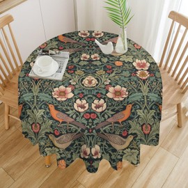AAVEUP William Morris Tablecloth, Vintage Rustic Classic Art Green Nature Plant Leaf Floral Bird Round Print for Home Party Dining Room Kitchen Decor 60x60 inch