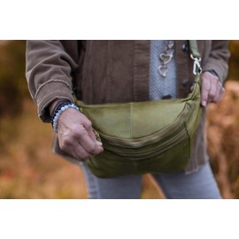 Gusti Freya Leather Belt Bag for Men and Women, Waist Bag, Festival Bag, Handbag, Leather, Green, Retro