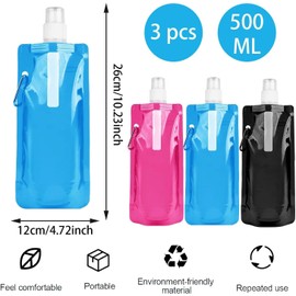 Pack of 3 500 ml Foldable Water Bottles, Foldable Water Bottles, Portable Collapsible Water Bag, Flexible Collapsible Water Bottle, Reusable Drinking Bottle Foldable