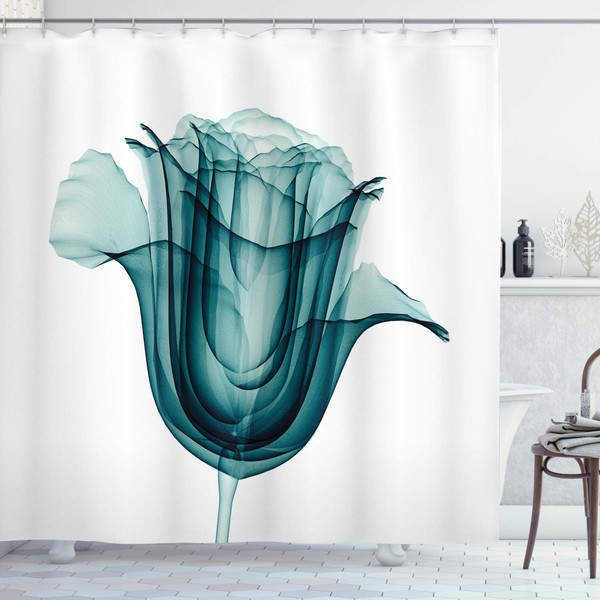 Ambesonne Flower Shower Curtain, X-ray Image of a Rose Flower Romance Creative Nature Picture Print, Cloth Fabric Bathroom Decor Set with Hooks, 69" W x 75" L, Teal White