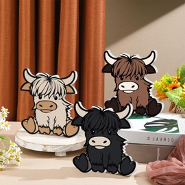 Vercraft 3 Pcs Highland Cow Tiered Tray Decor Mini Highland Cow Wooden Table Centerpiece Decorations Rustic Farmhouse Highland Cow Table Sign for Home Room Kitchen Table Decors