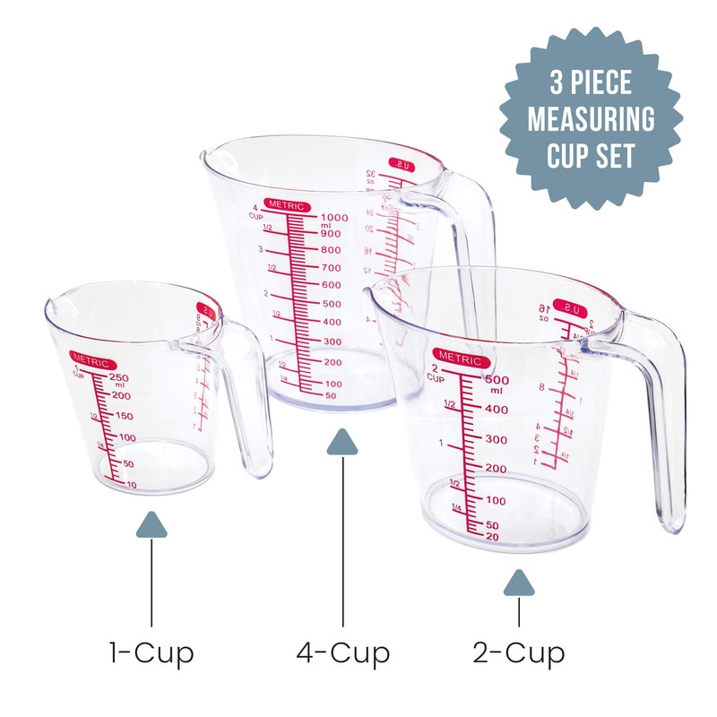 Chef Pomodoro 3-Piece Measuring Cups, Multiple Measurement Scales - Includes