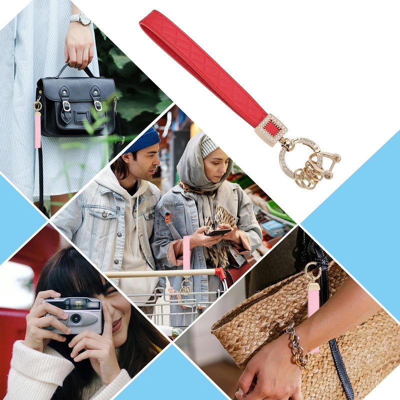 [PATIKIL] レザーリストレットキーチェーン キーチェーンホルダーキーフォブリ ストバンド 5つ キーリングと紛失防止Dリング付き 男性用女性用財布車キー用 金色/レッド