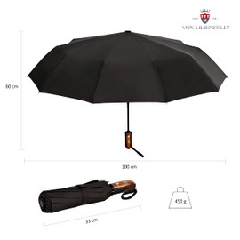 von Lilienfeld® Windproof Teflon Coated Folding Umbrella Windproof Windproof Automatic Open and Close Slightly Stable Clark, Black, L88/D100, Folding Umbrella