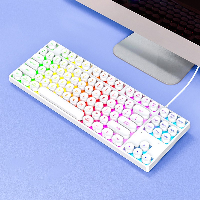 Gaming Keyboard USB Round 87 Keys Colorful Backlit Ergonomic Mechanical
