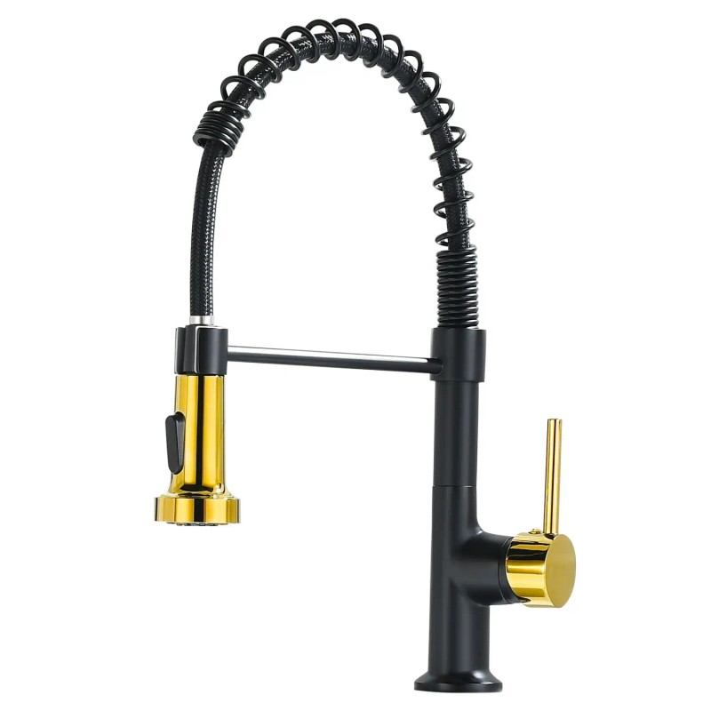 Modern Single Handle Kitchen Faucet Black And Gold Pull Down
