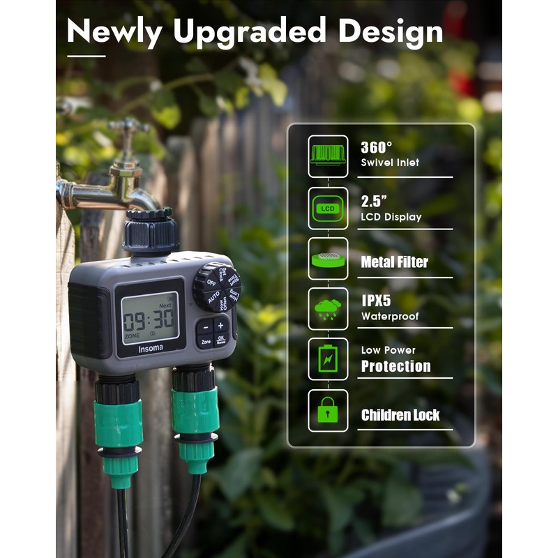 Insoma 2-Zone Sprinkler Timer, Programmable Garden Hose Timer with Auto/Manual/Rain