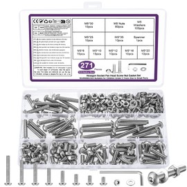 271 Piece M5 Screw Set, Allen Screws Nuts Set, Silver Threaded Screws with Nuts with Washers Set, Pan Head Screws and Nuts, Bicycle Screws Set, with Key