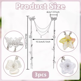 DELORIGIN Hair Clip with Long Tassel Flower Butterfly Hair Barrettes 3Pcs Silver Wedding Butterfly Flower Headband Pearl Chain Barrettes Accessories for Girls Women, 3-31inch(8-80cm), Platinum