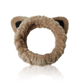 Coral Fleece Make Up Hair Bands Elastic, Cat Ears Headband Women's Spa Hair Band Cosmetics, Cosmetic Headband Wide Brim Coral Fleece Washing Face Head Wrap for Shower Skin Care Sports (Brown)