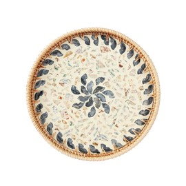 Rattan Serving Tray with Mother of Pearl, Round Coffee Table Tray Decor, Round Wicker Tray, Boho Decorative Tray, Woven Tray (Lucky Flower, 11.8 inch)