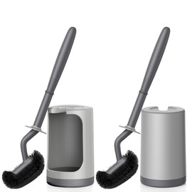 Toilet Bowl Brush Holder Set: Curved Design with Holder for Deep Cleaning Under Rim - Compact Hidden Cleaner Scrubber for Small Space - Home RV Bathroom Accessories - Gray 2 Pack