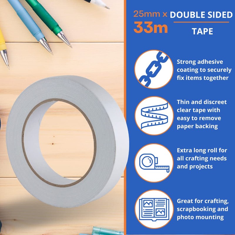 Gocableties Clear Double Sided Tape, 25mm (1”) x 33m, Strong