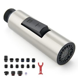 Metal Kitchen Faucet Head Replacement, 2-Mode Pull Down Kitchen Faucet Spray Head with 15 Adapters, High Pressure Sink Sprayer Nozzle Stainless Steel, Brushed Nickel
