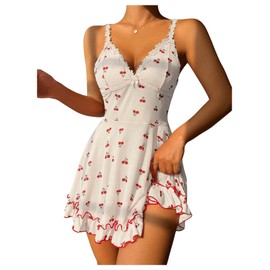 SHENHE Women's Cute Cherry Print Lace Trim Ruffle Hem Sleeveless Nightgown Chemise White A Medium