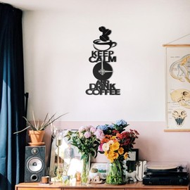 BONPERLA Keep Calm and Drink Coffee Wall Clock – Modern Black Silent Clock with Coffee Cup & Beans Design – Unique Kitchen or Café Wall Decor (13.8"x13.8")