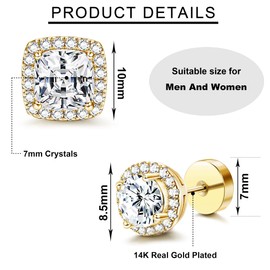 Morfetto 14K Flat Back Round Square Stud Earrings for Men Women Large Big Cubic Zirconia Stud Earrings Mens Earrings Flatback Earrings Golden