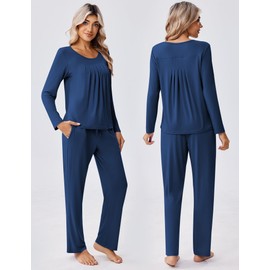 Ekouaer Women's Pajama Set 2 Piece Loungewear Soft Pjs Casual Lounge Sets with Pockets,Cobalt Blue,M