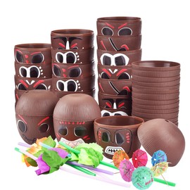 24 Pack Coconut Cups with 24 Straws 24 Cocktail Drink Picks and 24 stickers, DIY Tropical Hawaiian Luau Tiki and Beach Party Decorations for Kids and Adults