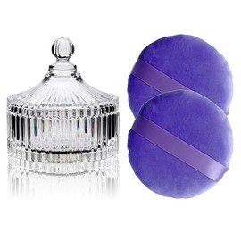 2 Pack 5.2'' Purple Powder Puffs and 5.3'' Glass Powder Container – Oversized Soft Body & Face Puff,Large Powder Puff for Body Powder,Dusting Powder Jar Holder Case with puff(Clear)