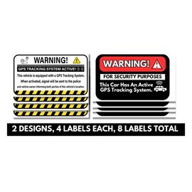GPS Tracking System Warning Stickers for Vehicles, 8 Pack 2 x 3.5 in Waterproof, Weatherproof, UV Resistant GPS Security Alert Vinyl Signs for Vehicles & Automobiles.