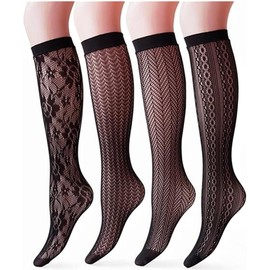 4 Pairs Women's Fishnet Knee High Stockings Lace Hollow out Women's Calf Socks Ankle Sheer Socks, Black, One size